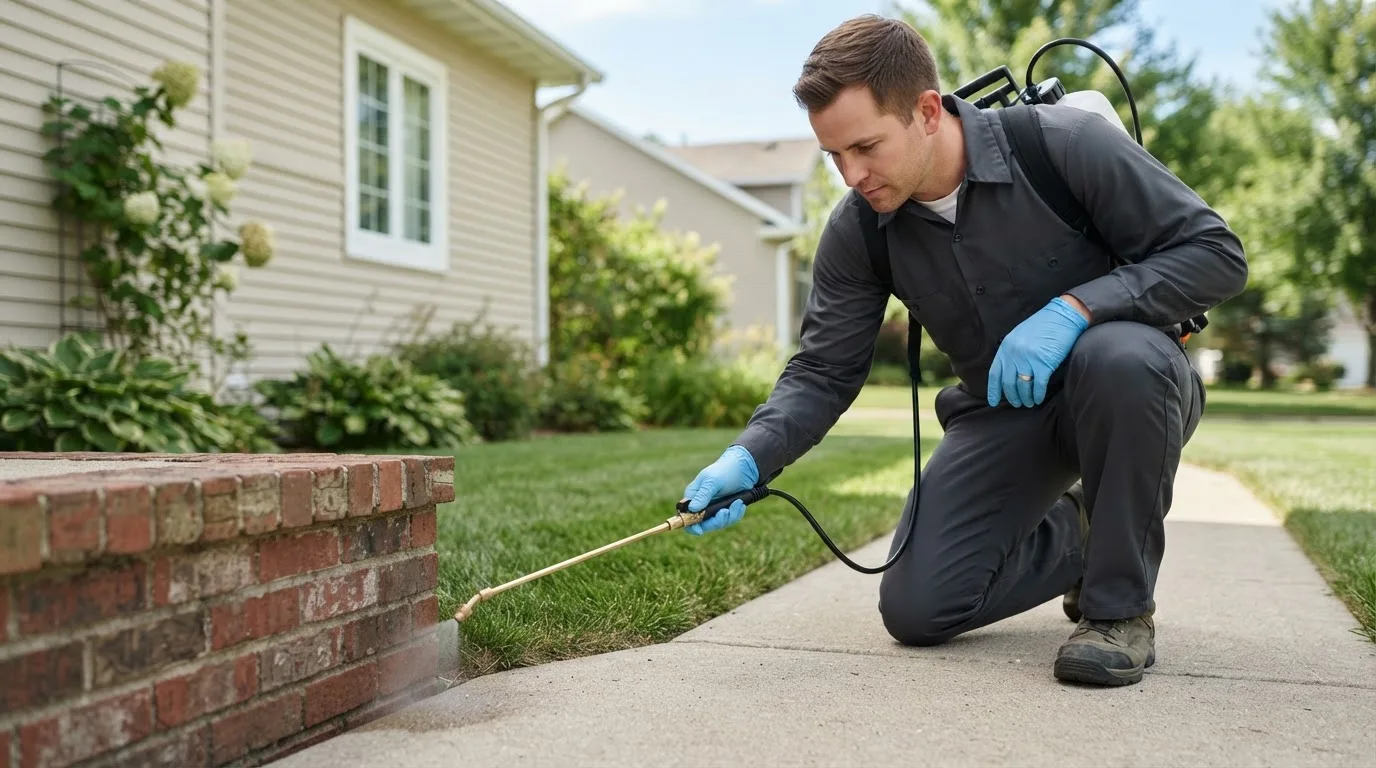 Pest control technician treating a home near Hunker, PA