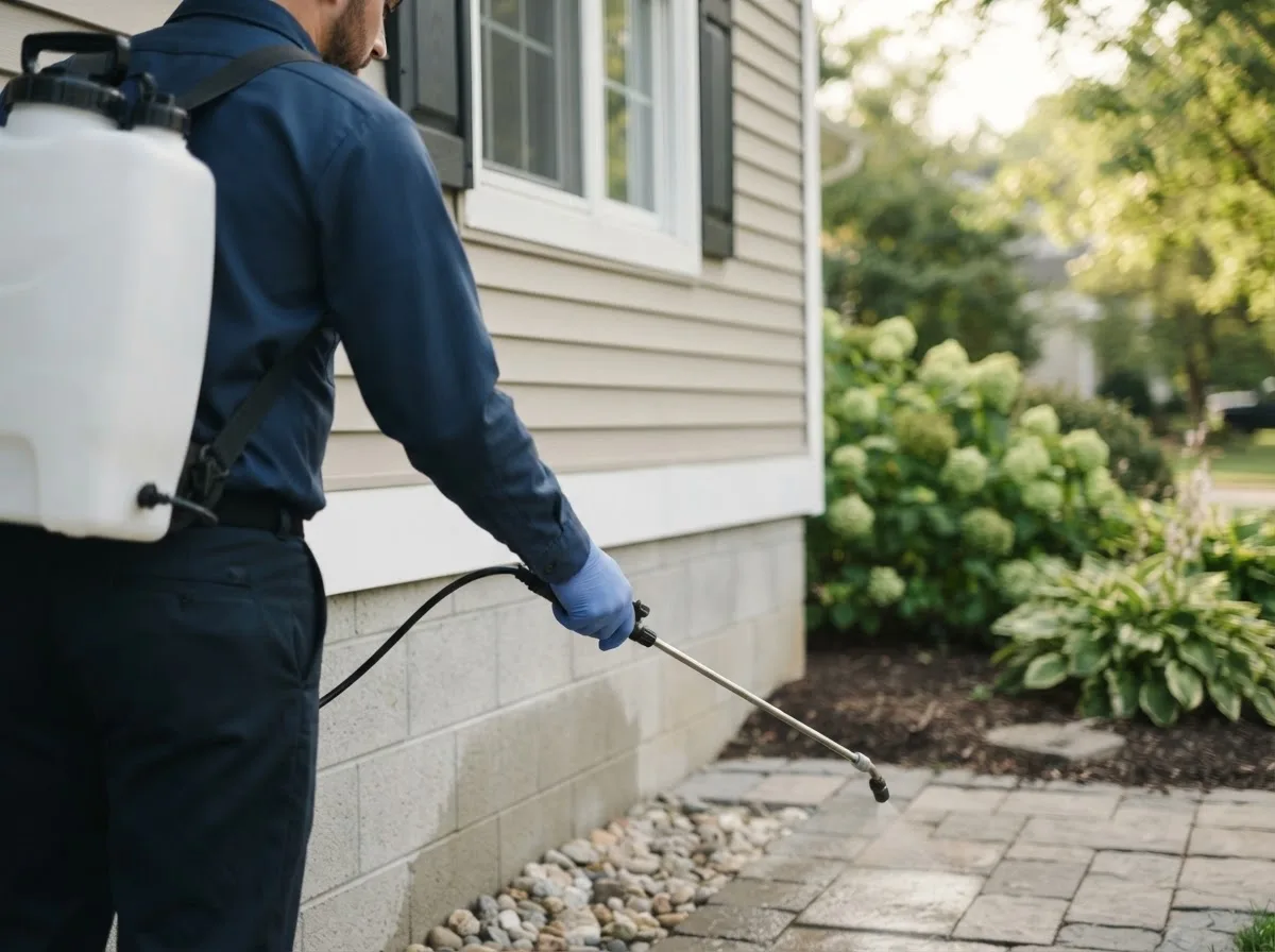 Pest control technician inspecting a home in Hunker, PA